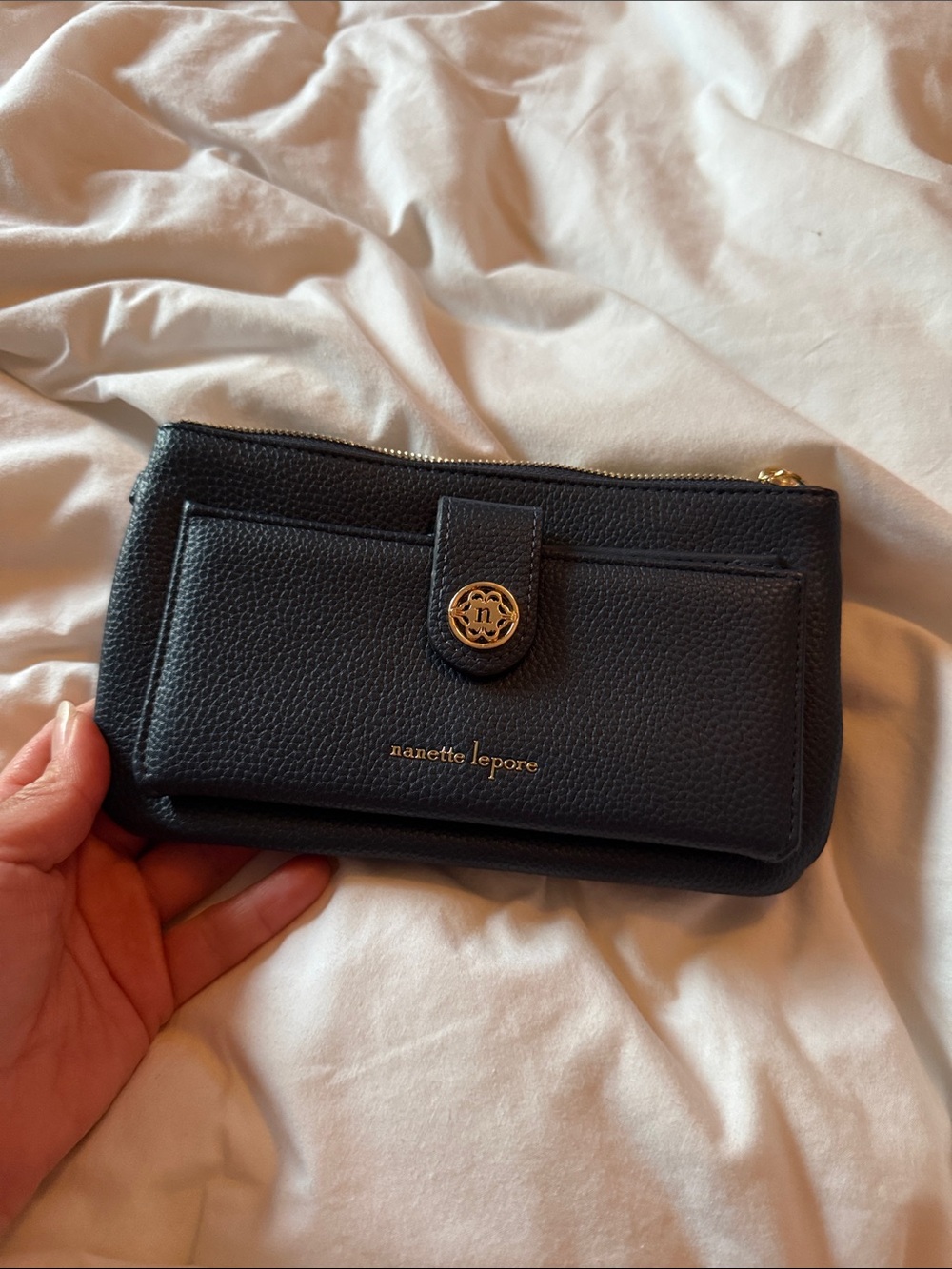Nanette Lepore Black Pebbled Leather Zip Clutch with Gold Hardware